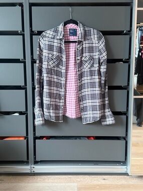 American Eagle Womens Western Plaid Button Shirt Size 8 Gray Grunge Western Boho